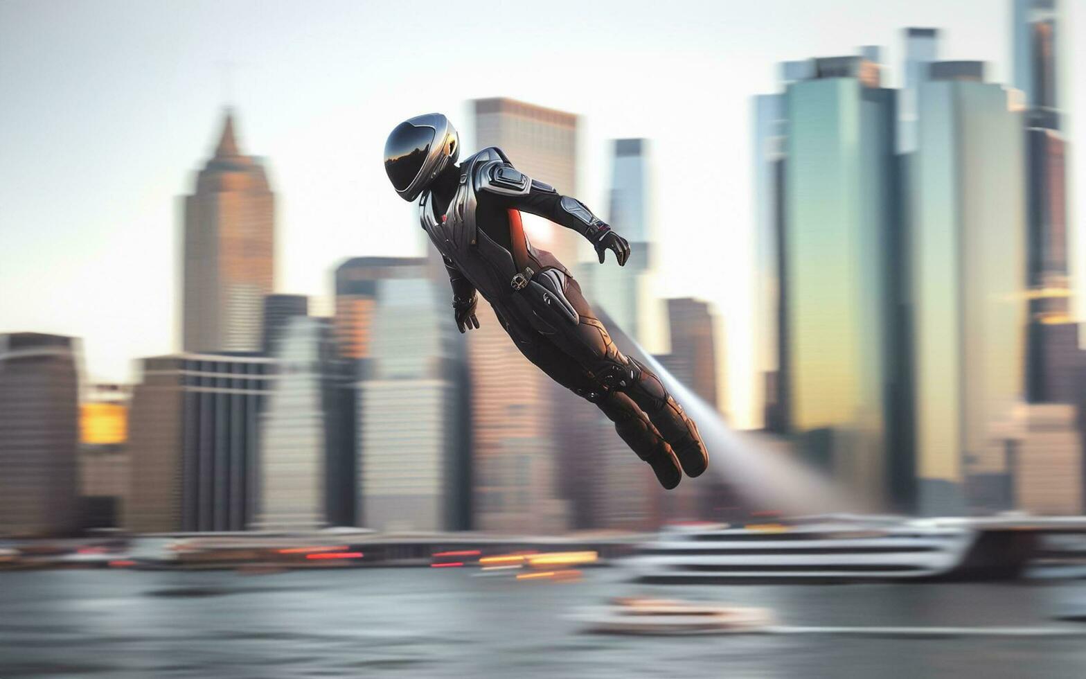 AI generated A person wearing a jet suit flies over the sky in New York City America Personal aviation technology photo