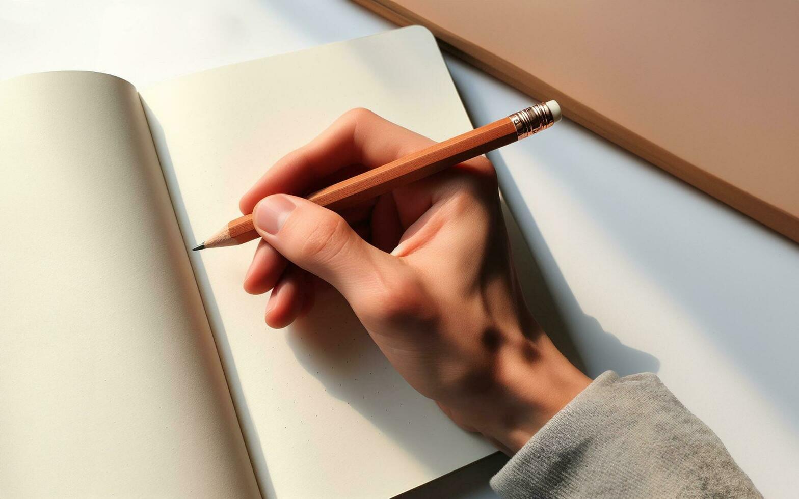 AI generated blank notebook The hand holding the pencil is about to start writing in a notebook Taking notes Drawing with a pencil photo