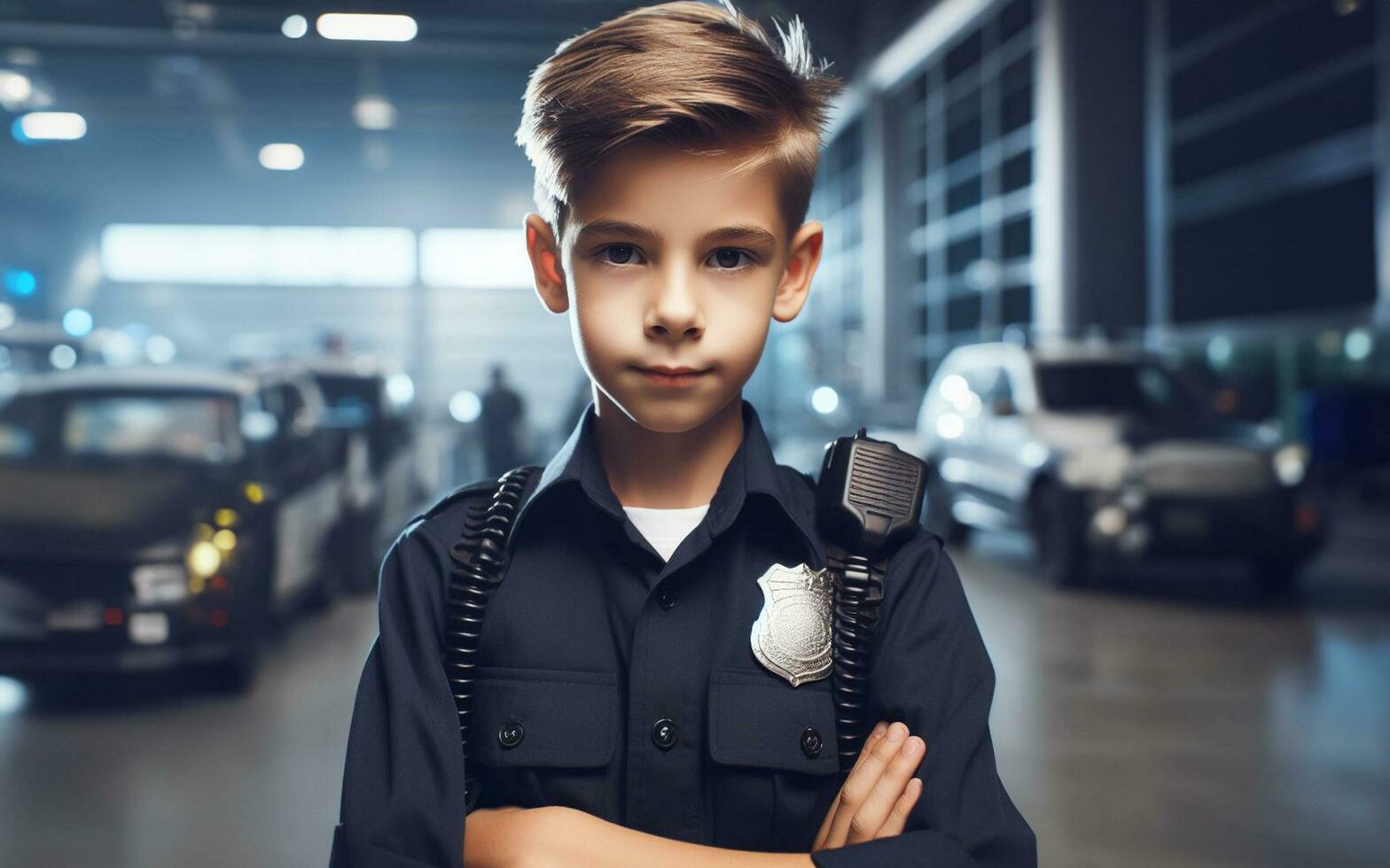 AI generated 10 year old boy wearing police uniform police station background Children's future career ideas photo