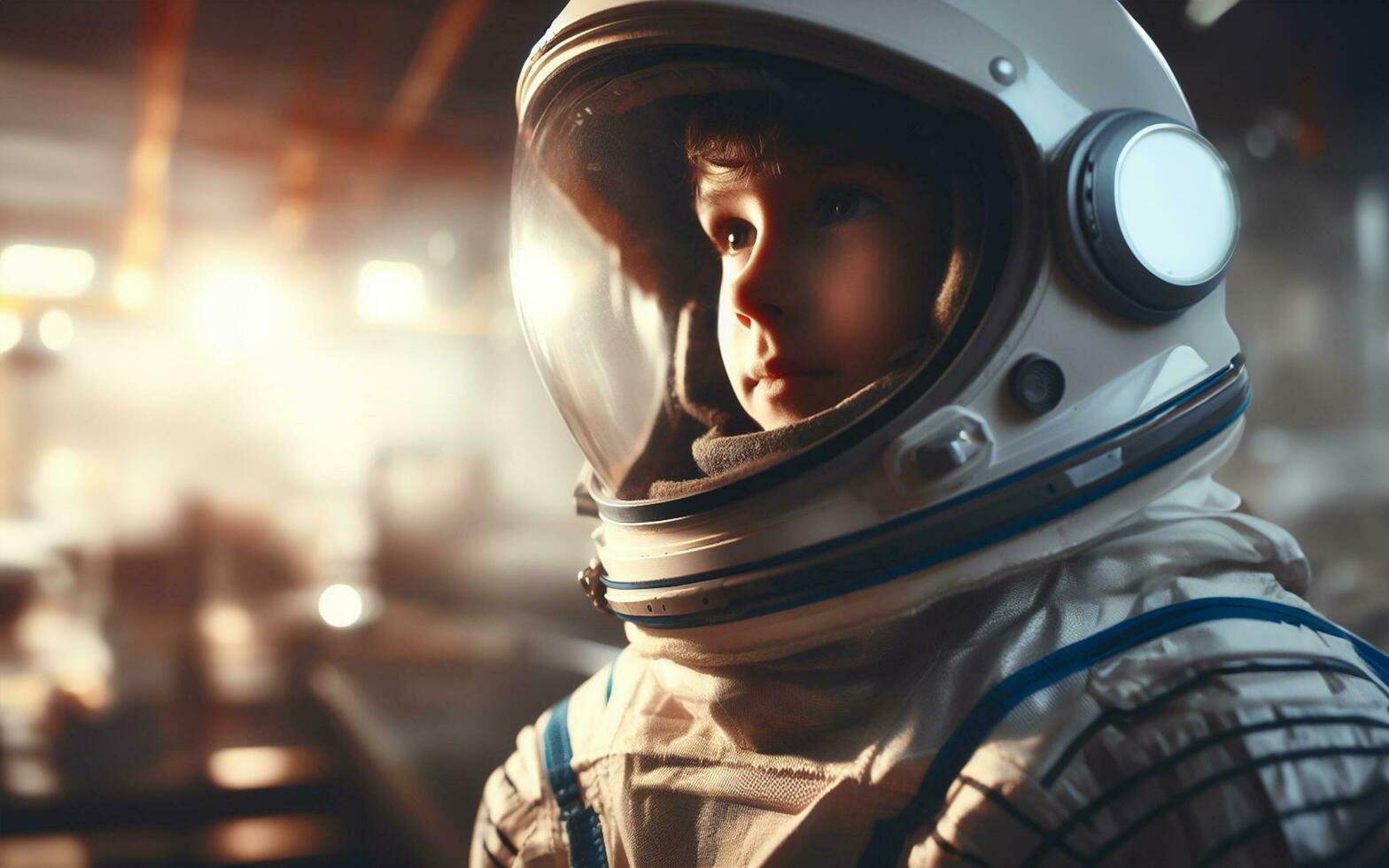 AI generated 10 year old boy in a space suit Background of space shuttle launch station and spaceship Children career dream concept photo