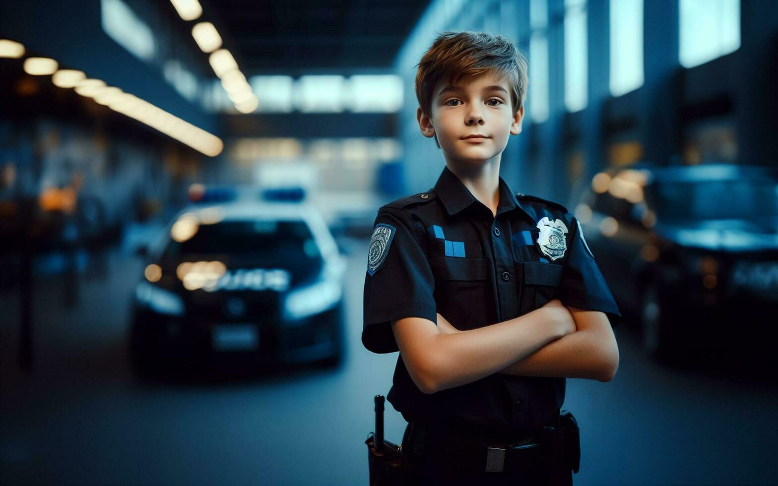 AI generated 10 year old boy wearing police uniform police station background Children's future career ideas photo