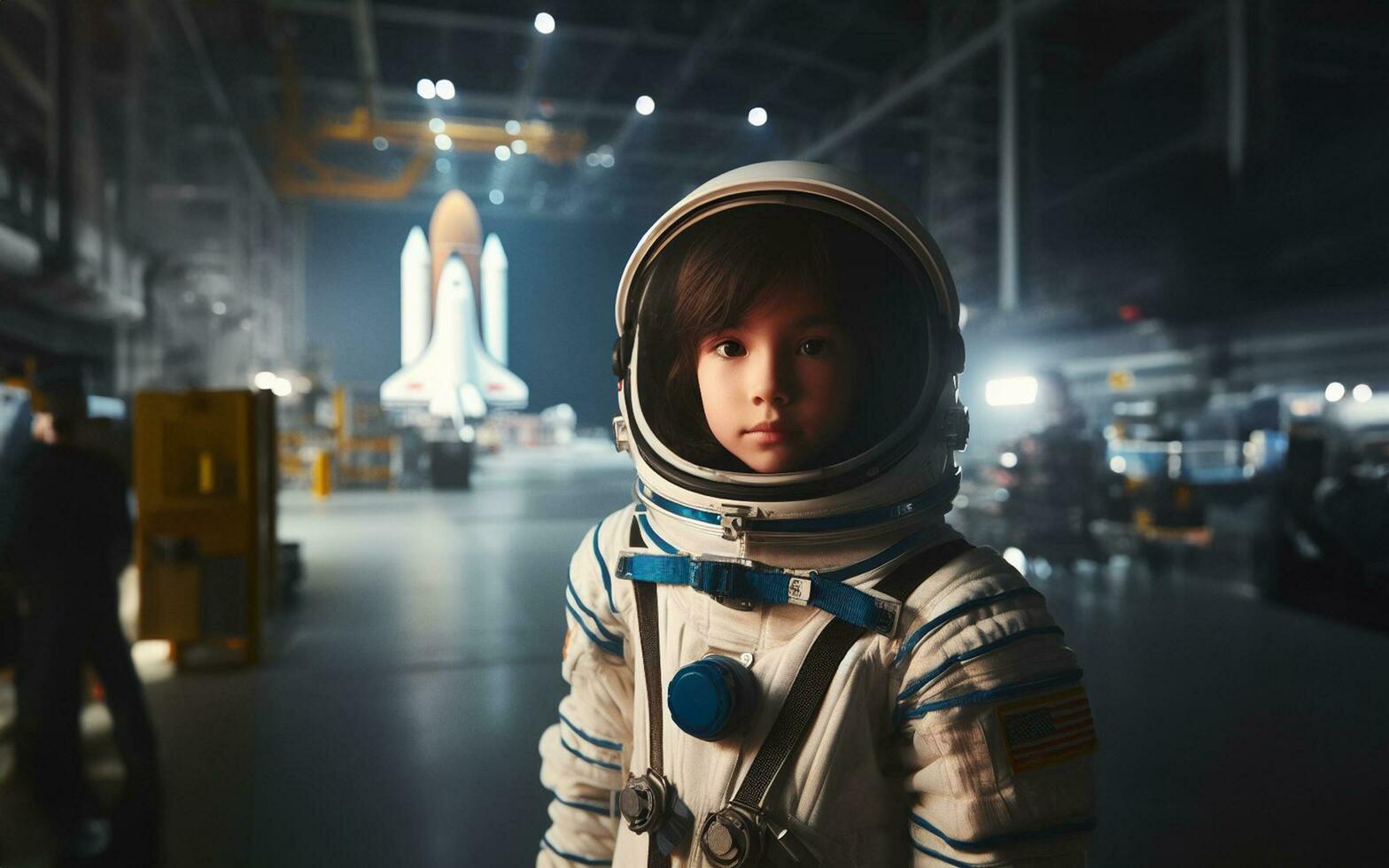 AI generated 10 year old boy in a space suit Background of space shuttle launch station and spaceship Children career dream concept photo