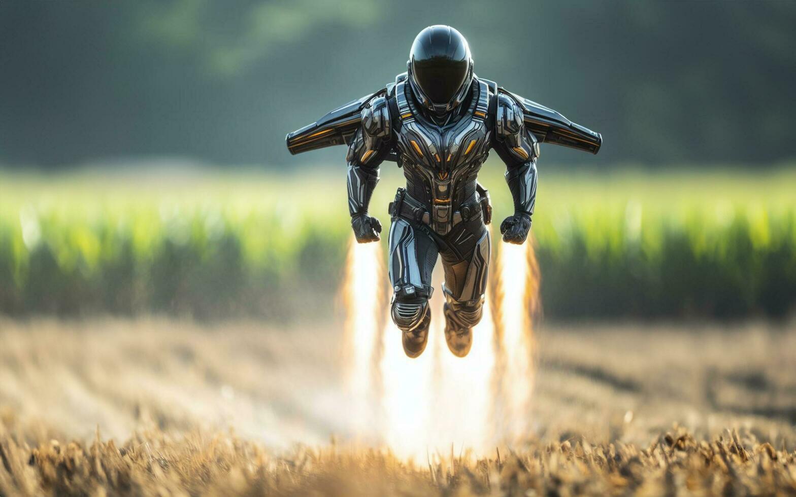 AI generated A person wearing a jet suit flies above the ground In the rural rice fields personal aviation technology photo