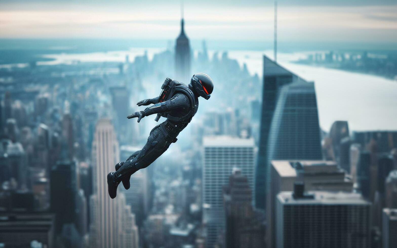AI generated A person wearing a jet suit flies over the sky in New York City America Personal aviation technology photo