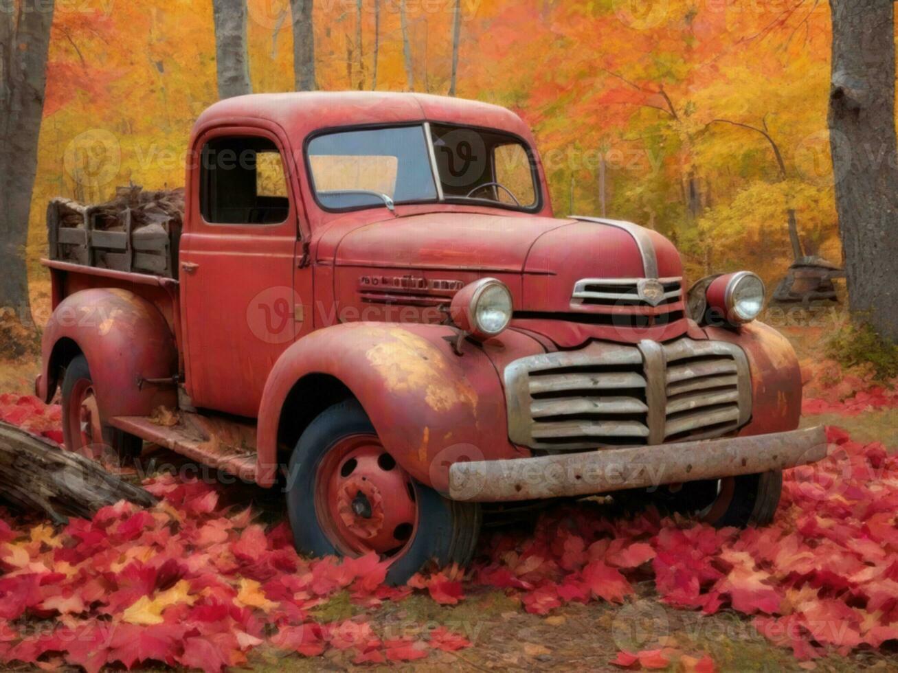 AI generated Deserted Vintage Truck Surrounded by Rusty Autumn Foliage photo