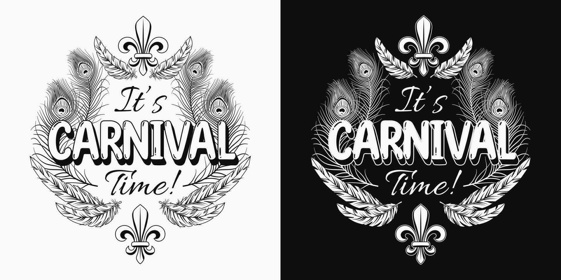 Black and white Mardi Gras label with fleur de lis symbol, feathers, text vector