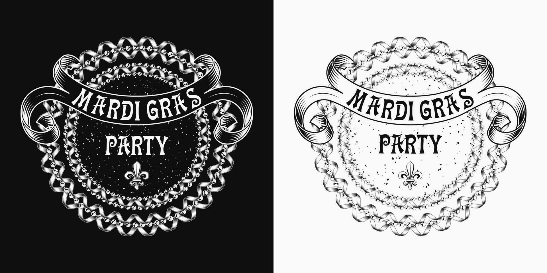 Mardi Gras label with bead strings, ribbons vector