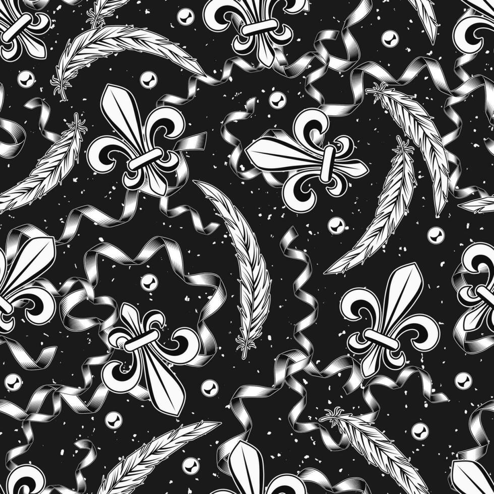 Black and white pattern with fleur de lis, feathers vector