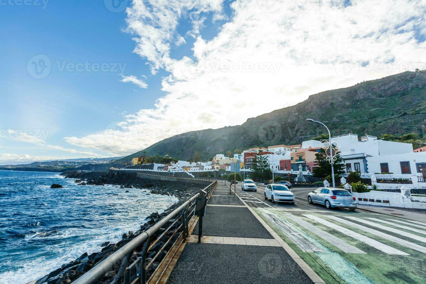 Aerial view of Garachico village on the coast of Atlantic ocean in Tenerife island of Spain photo