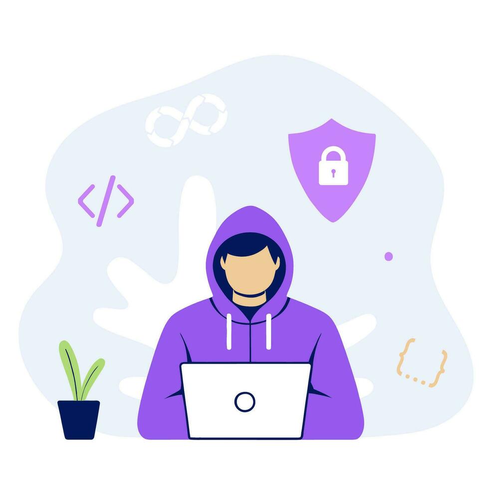 Programmer in hoodie with laptop, flat vector illustration.