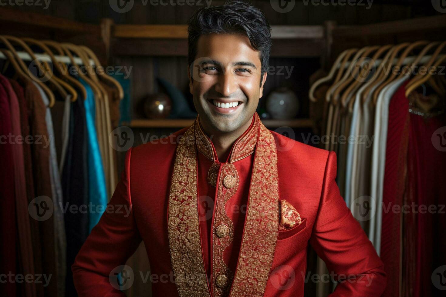 AI generated a indian groom wearing traditional groom outfit smiling at the camera bokeh style background photo