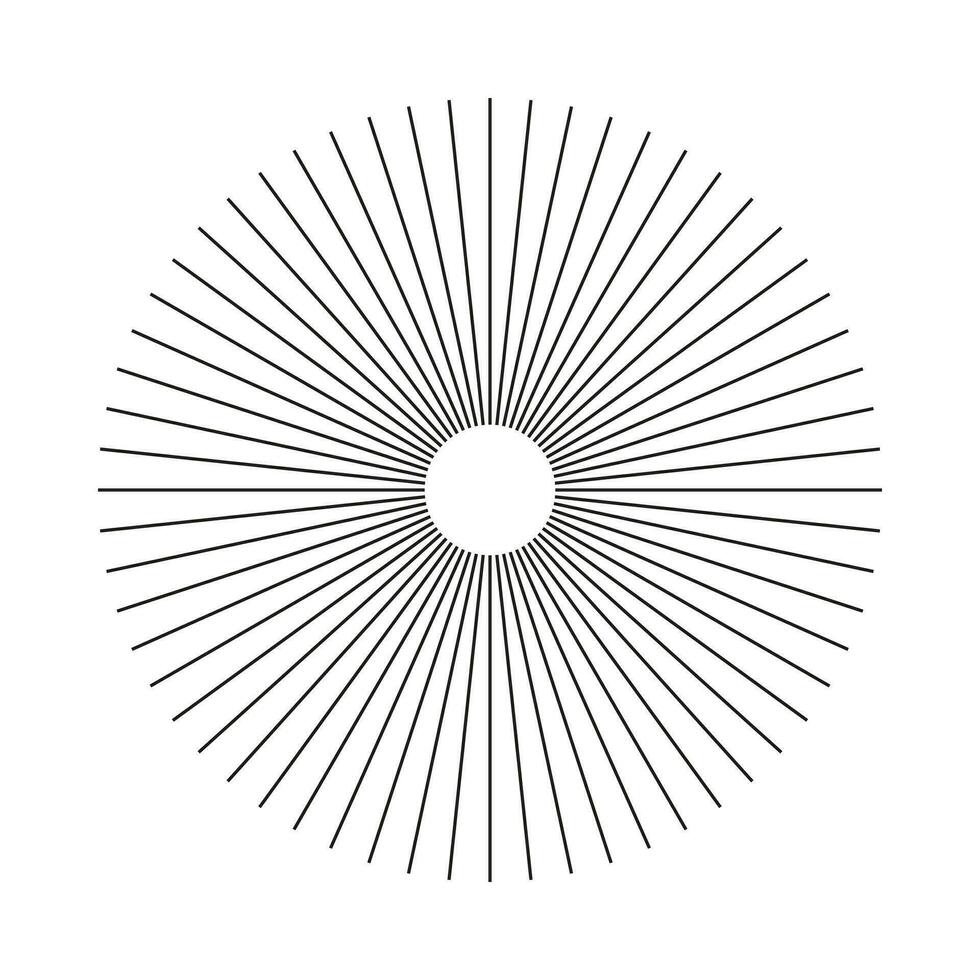 Radial circle lines. Circular lines element. Outlined symbol of Sun star rays. Abstract geometric illusion shape. Spokes with radiating stripes. Flat design element. Vector graphic illustration.