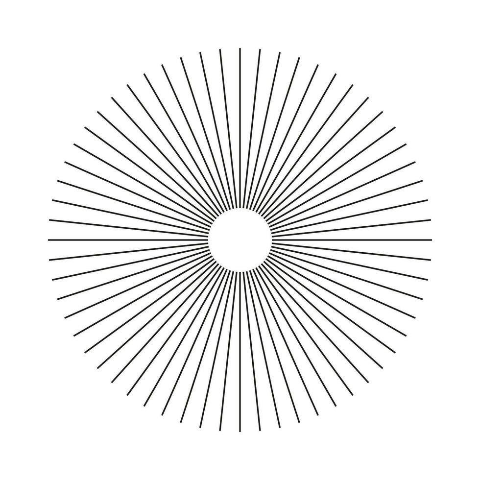 Radial circle lines. Circular lines element. Outlined symbol of Sun star rays. Abstract geometric illusion shape. Spokes with radiating stripes. Flat design element. Vector graphic illustration.