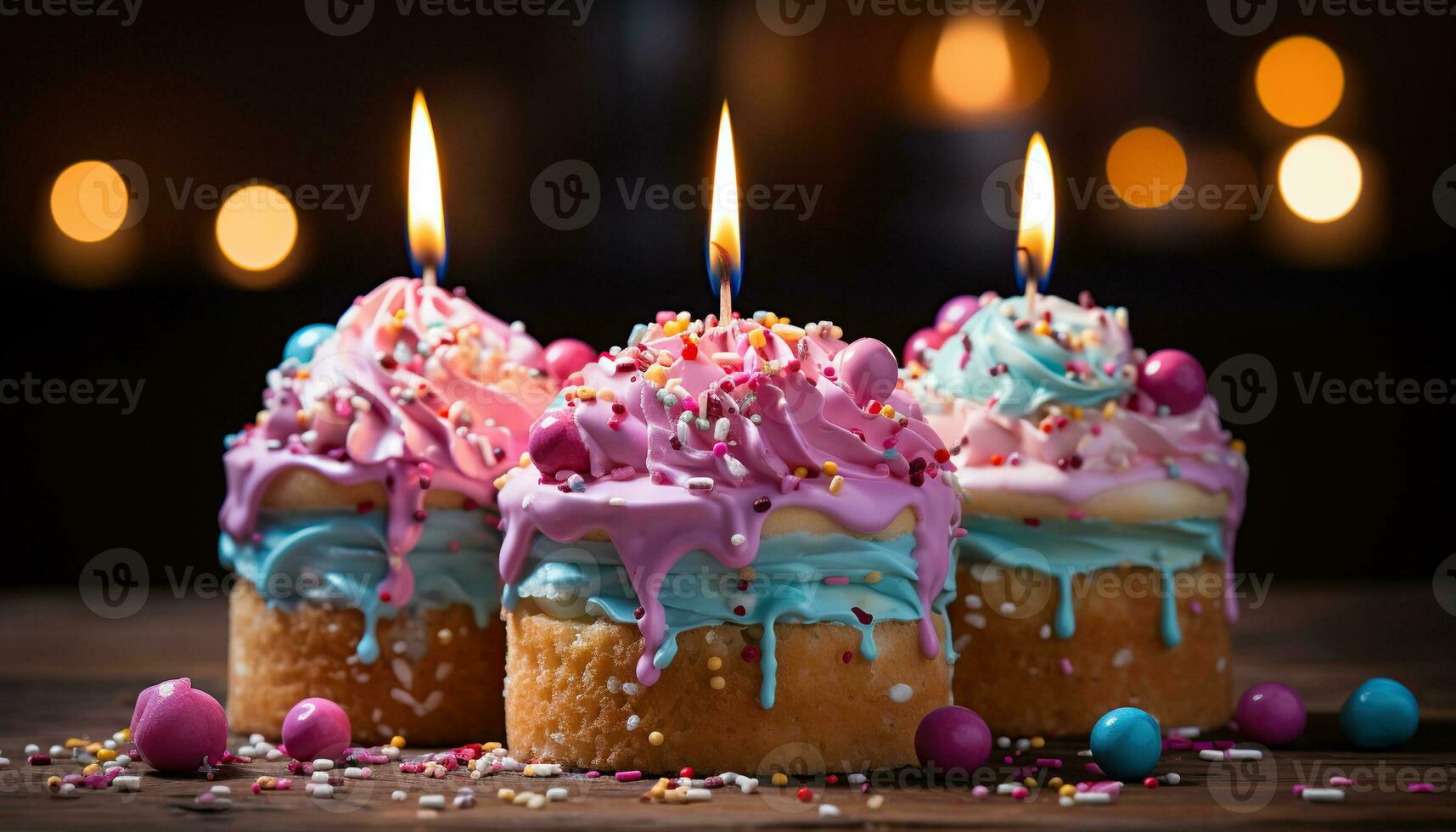 AI generated Birthday cake with colorful candles. Created with Generative AI photo