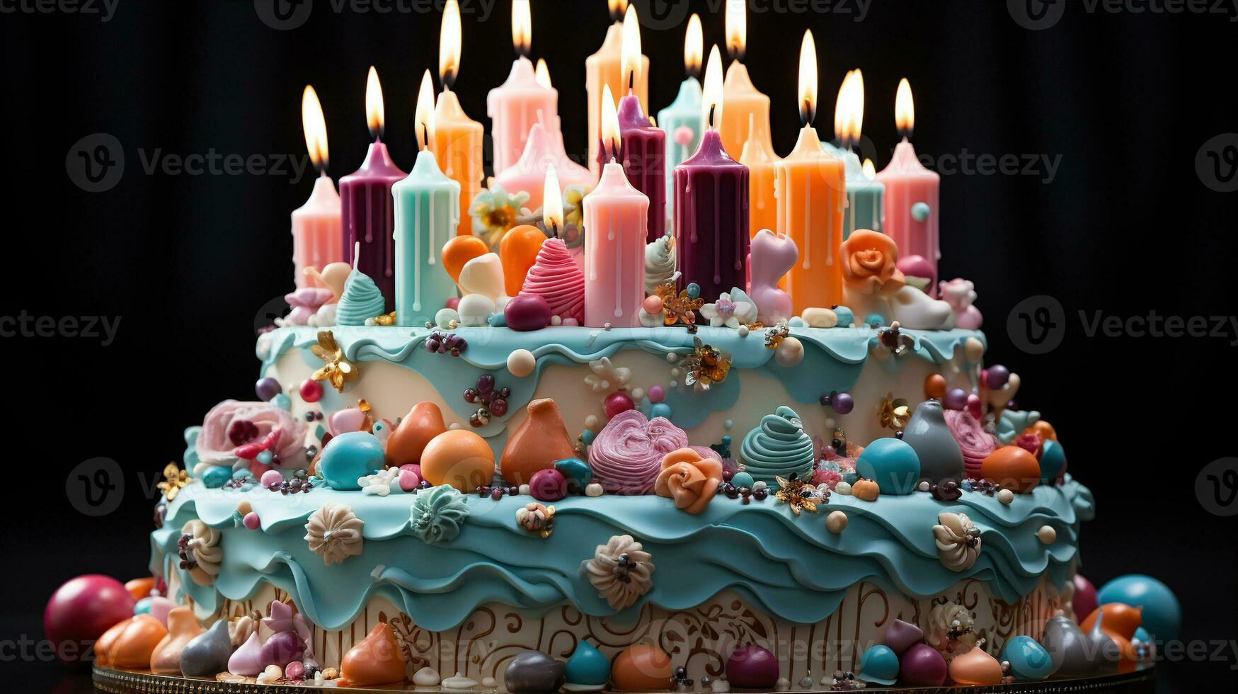 AI generated Birthday cake with colorful candles. Created with Generative AI photo