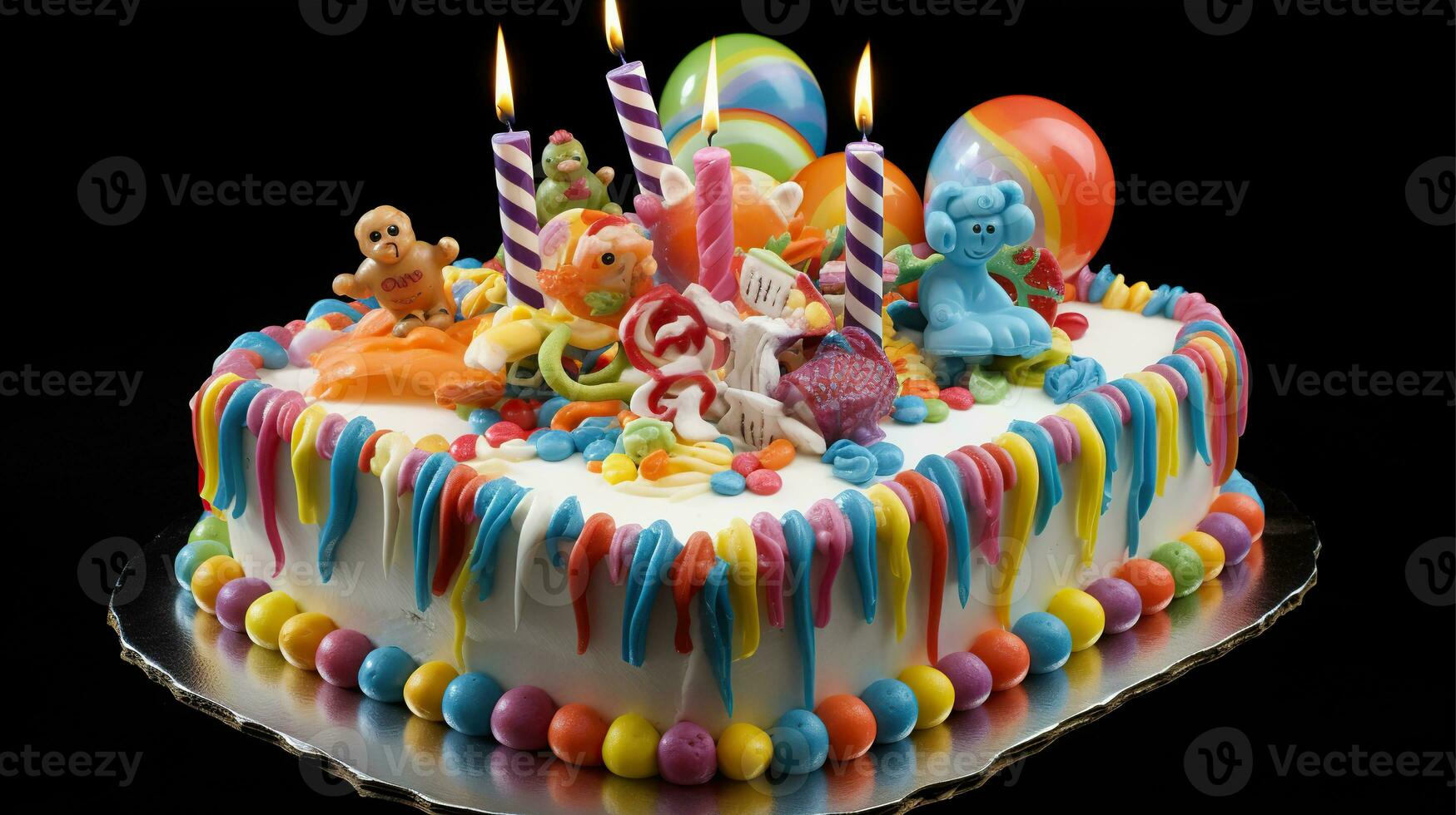 AI generated Birthday cake with colorful candles. Created with Generative AI photo