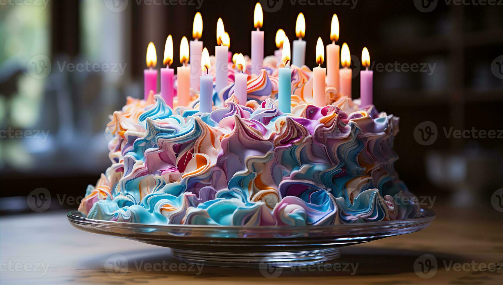 AI generated Birthday cake with colorful candles. Created with Generative AI photo