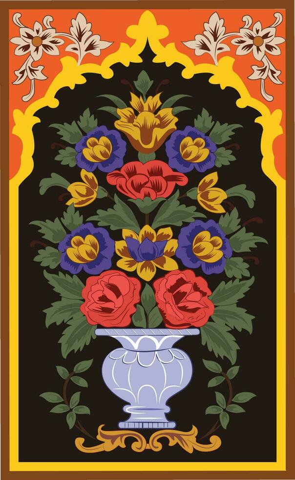 East motif pattern on white background vector illustration, Mughal flower pattern with blue background