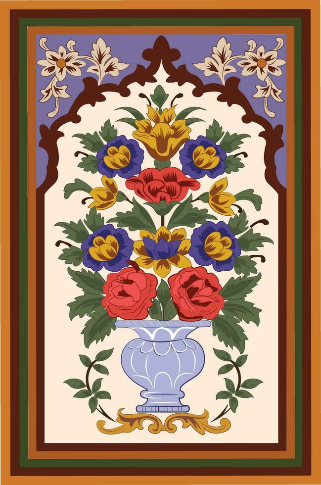 Indian mughal flower motif background border, Seamless floral wall pattern of the Mughal era, Mughal Traditional colourful arch gate vector pattern,