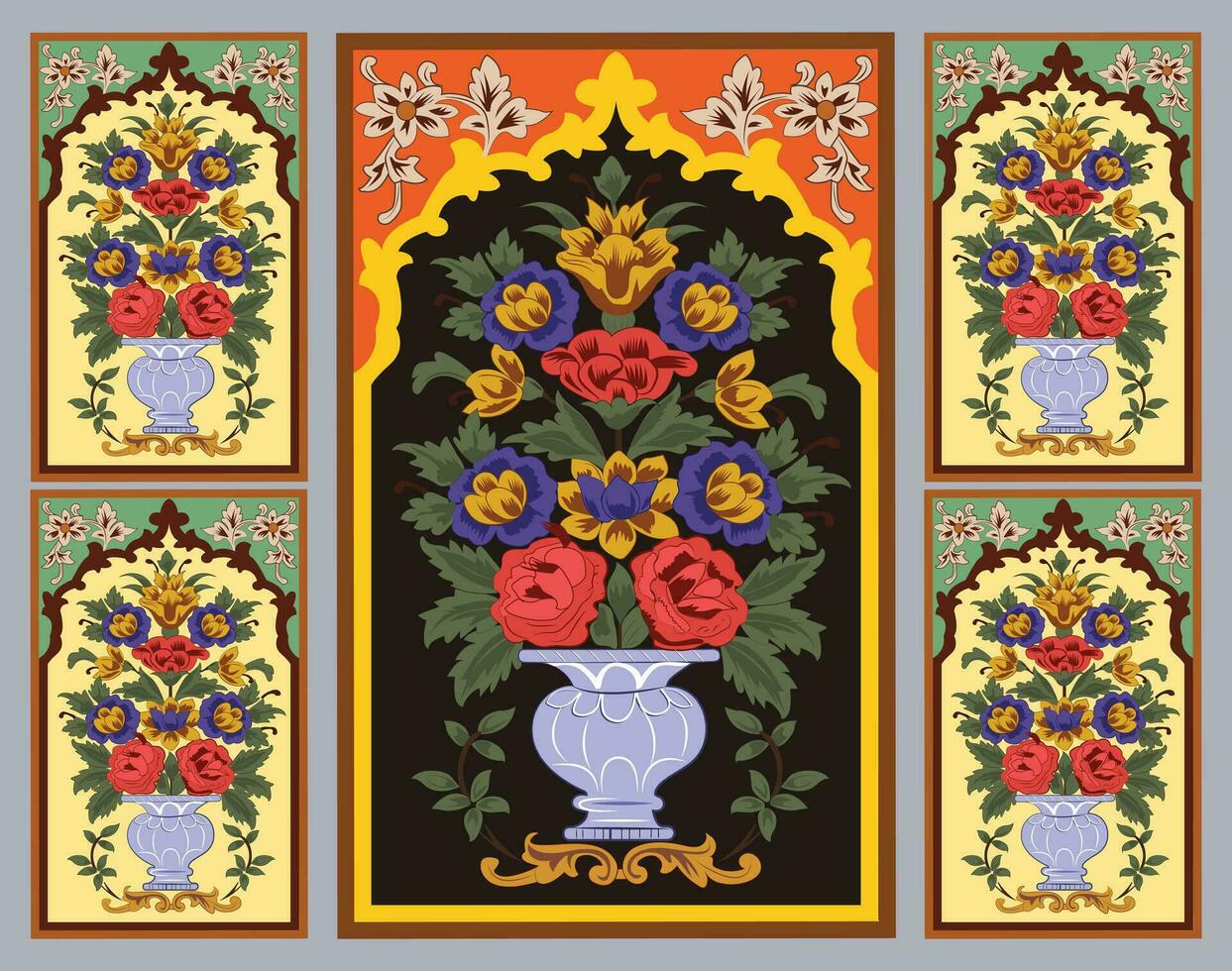 Indian mughal flower motif background border, Seamless floral wall pattern of the Mughal era, Mughal Traditional colourful arch gate vector pattern,