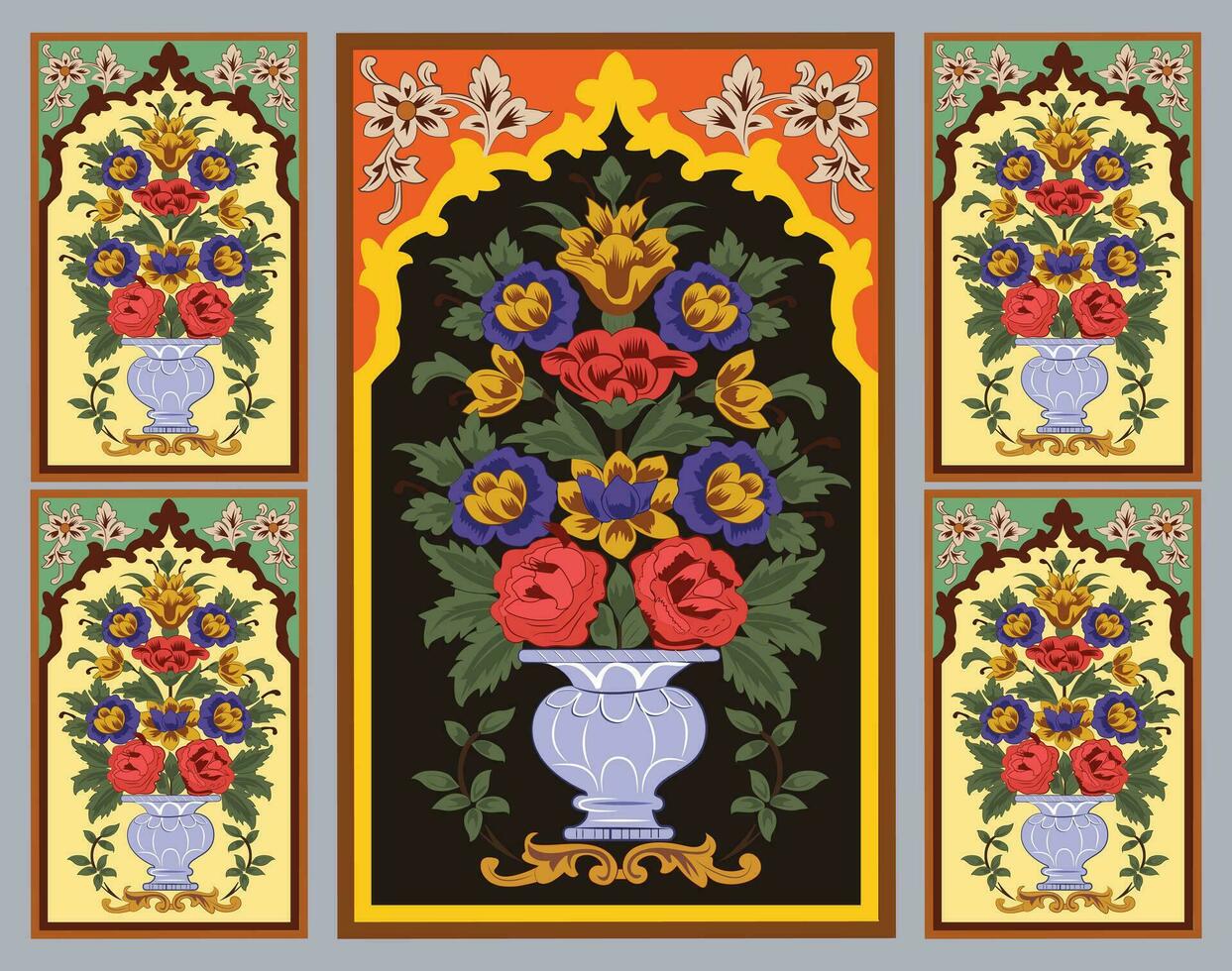 indio Mughal flor motivo antecedentes borde, sin costura floral pared modelo de el Mughal era, Mughal tradicional vistoso arco portón vector patrón,