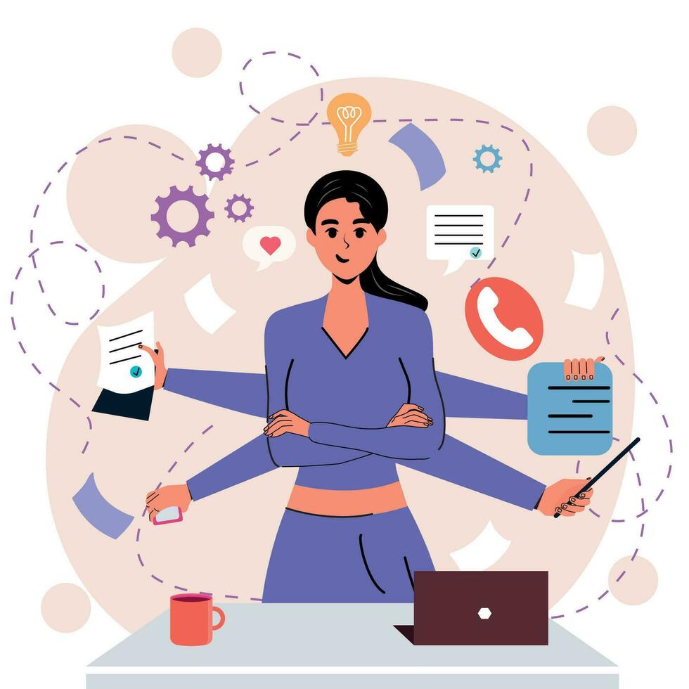 Girl in flat style. White background. Negotiations, business. Multitasking. Many hands. Time management. Trendy person. Character. vector