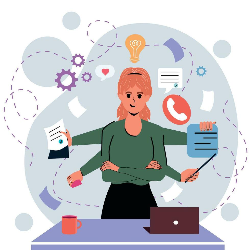 Girl in flat style. White background. Notes, negotiations, business. Multitasking. Many hands. Time management. Trendy person. Character. Business. vector