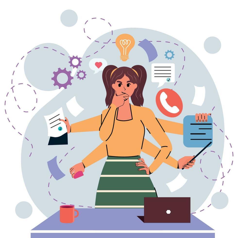 Girl in flat style. White background. Negotiations, business. Multitasking. Hands. Time management. Trendy person. Character. Importance. Isolated. vector