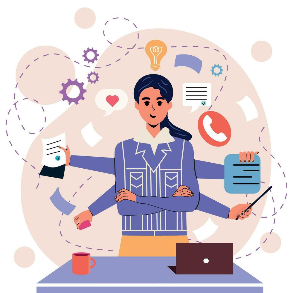 Girl in flat style. White background. Notes, negotiations, business. Internet. Multitasking. Many hands. Time management. Trendy person. Character. Business. Importance. Isolated. vector