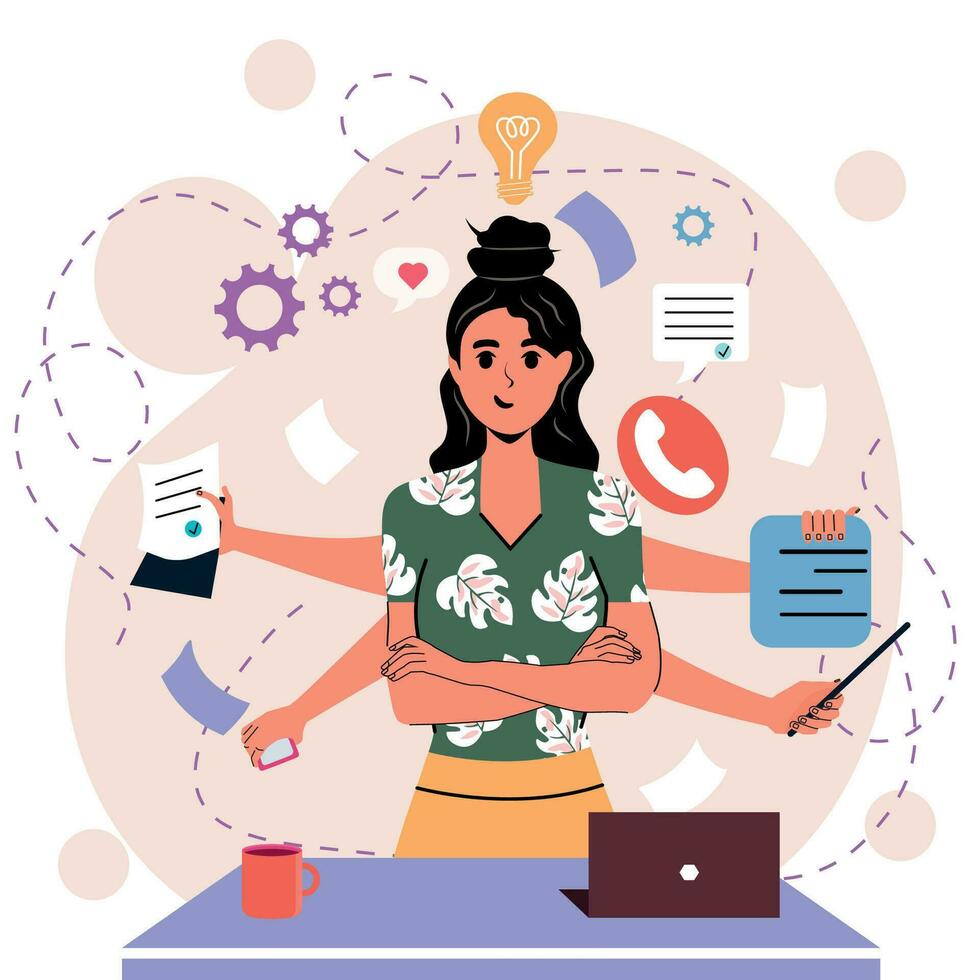 Girl in flat style. White background. Notes, negotiations, business. Internet. Multitasking. Many hands. Time management. Person. Character. vector