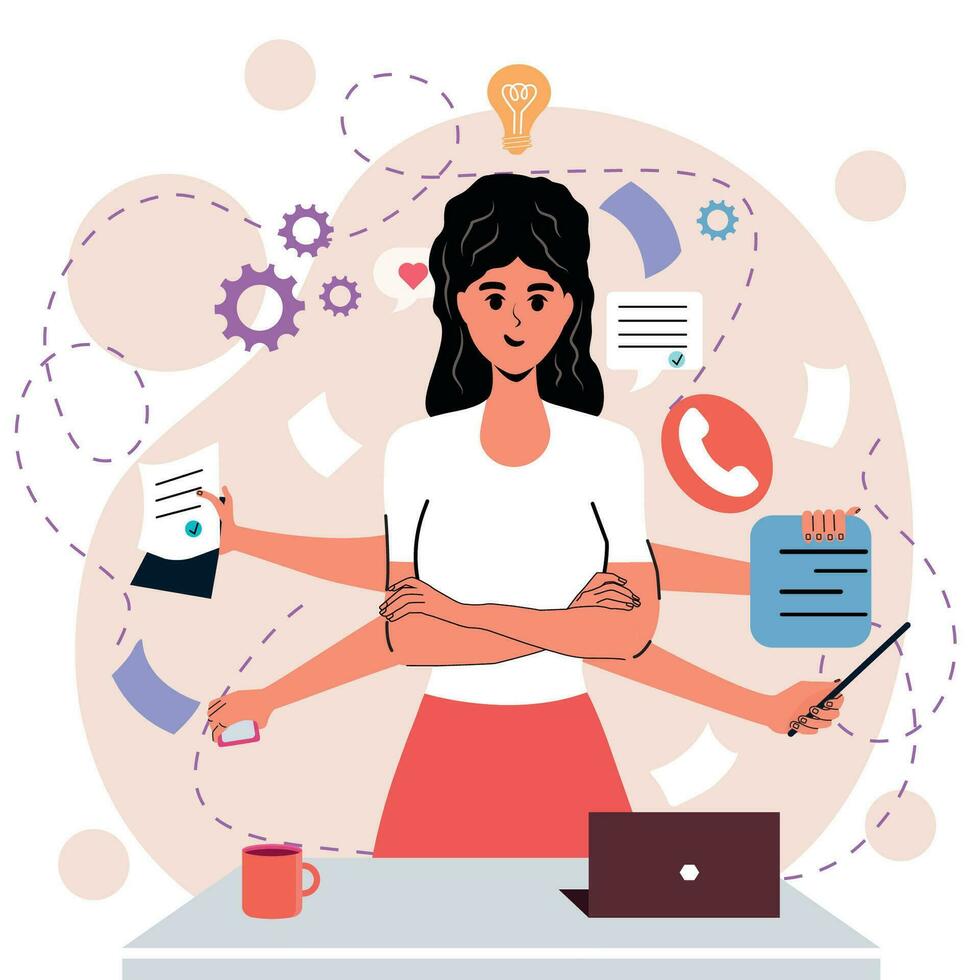 Girl in flat style. White background. Negotiations, business. Multitasking. Many hands. Time management. Trendy person. Character. vector