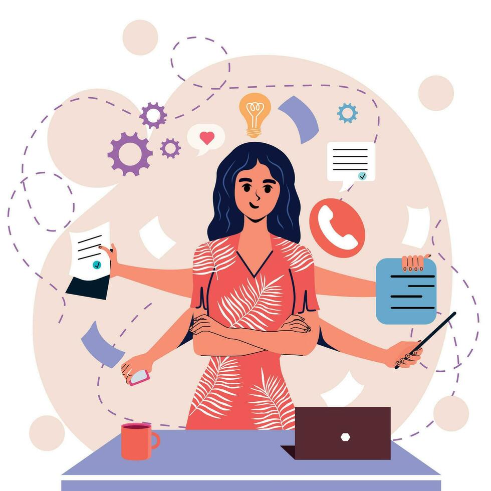 Girl in flat style. White background. Notes, negotiations, business. Internet. Multitasking. Many hands. Time management. Trendy person. Character. Isolated. vector