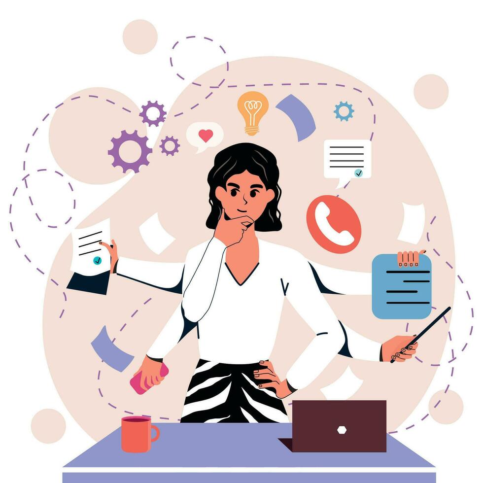 Girl in flat style. White background. Negotiations, business. Multitasking. Hands. Time management. Trendy person. Character. vector