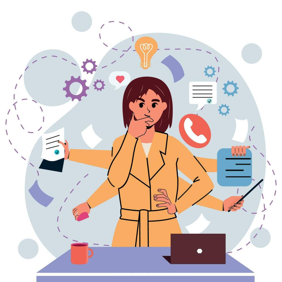 Girl in flat style. White background. Negotiations, business. Multitasking. Many hands. Time management. Trendy person. Character. vector