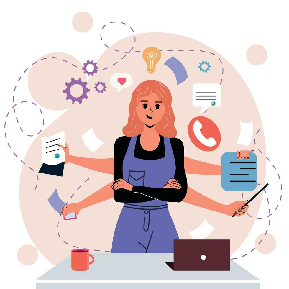 Girl in flat style. White background. Notes, negotiations. Internet. Multitasking. Many hands. Time management. Trendy person. Character. vector