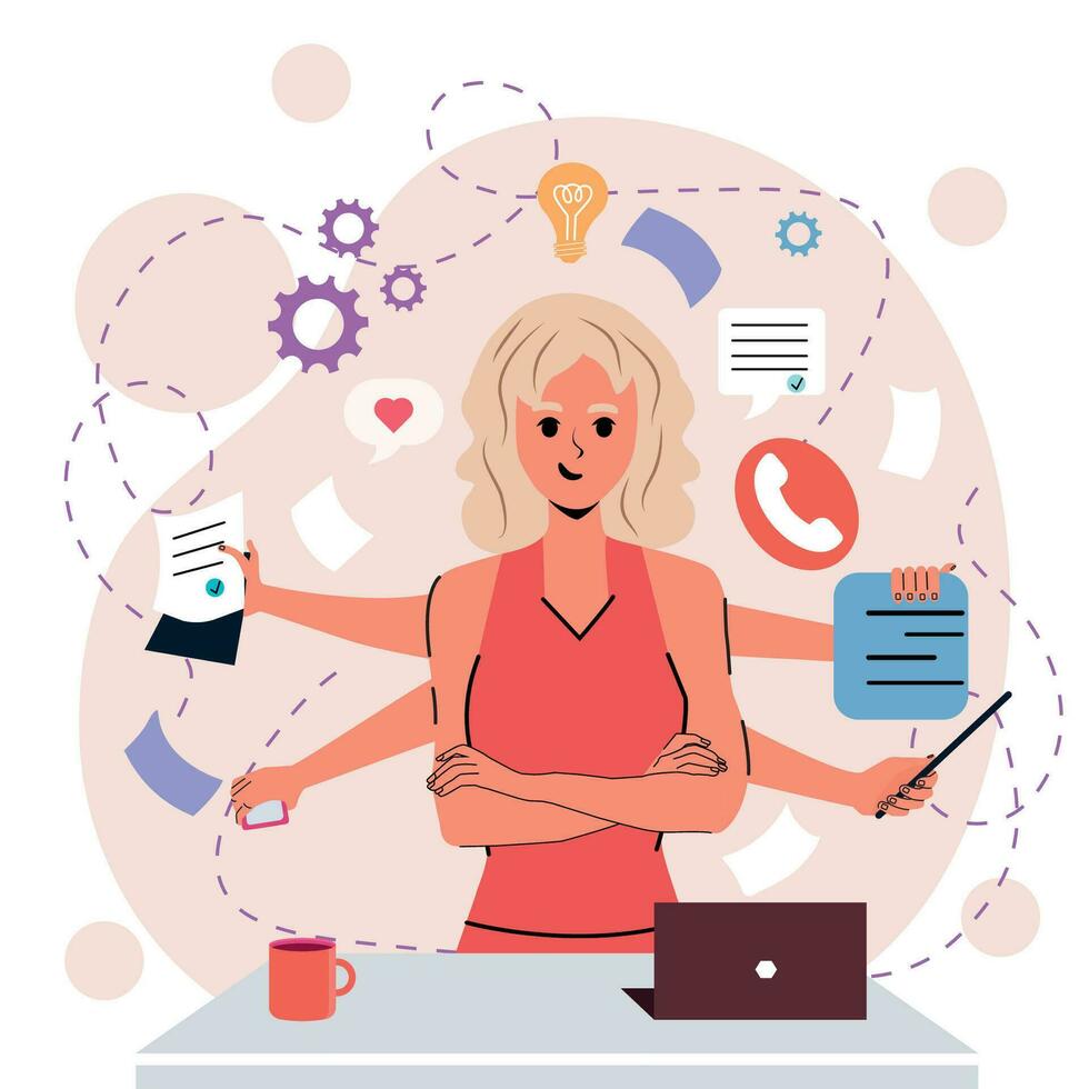 Girl in flat style. White background. Notes, negotiations, business. Internet. Multitasking. Hands. Time management. Trendy person. Character. Isolated. vector