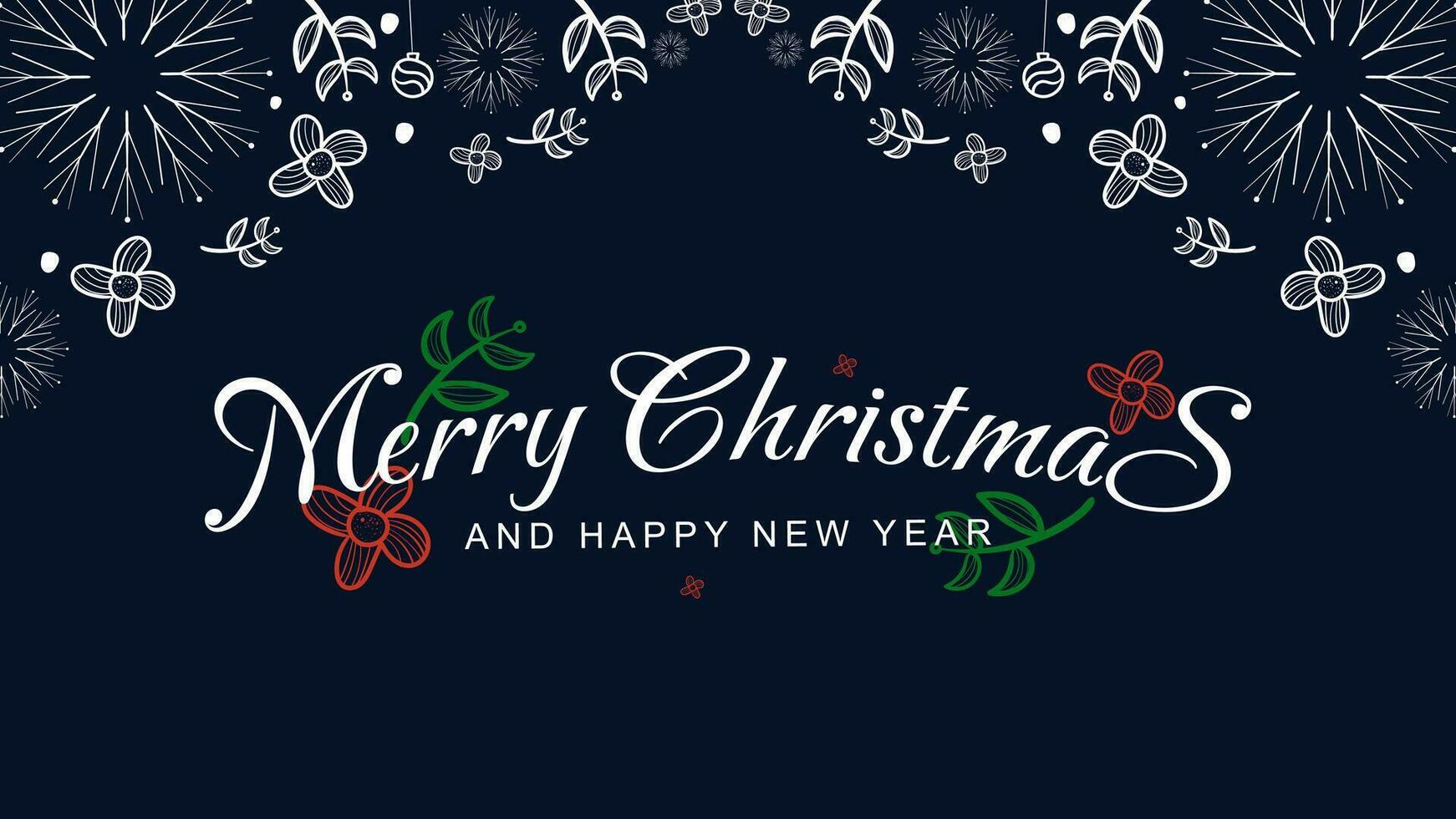 Merry Christmas and happy new year text typography design with hand drawn leaves, flowers, snow flakes on a dark blue background for greeting cards, posters, social media posts. Vector illustration