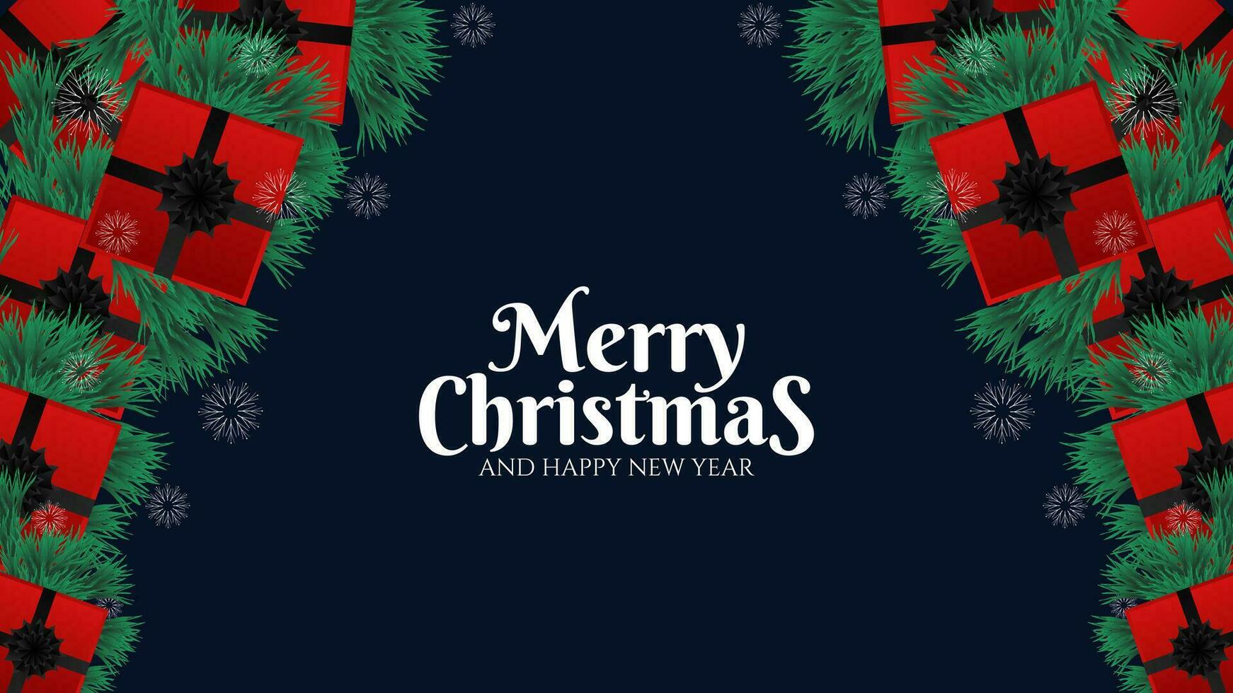Merry christmas and happy new year banner with garlands, snowflakes and gift boxes on dark blue background. Vector illustration