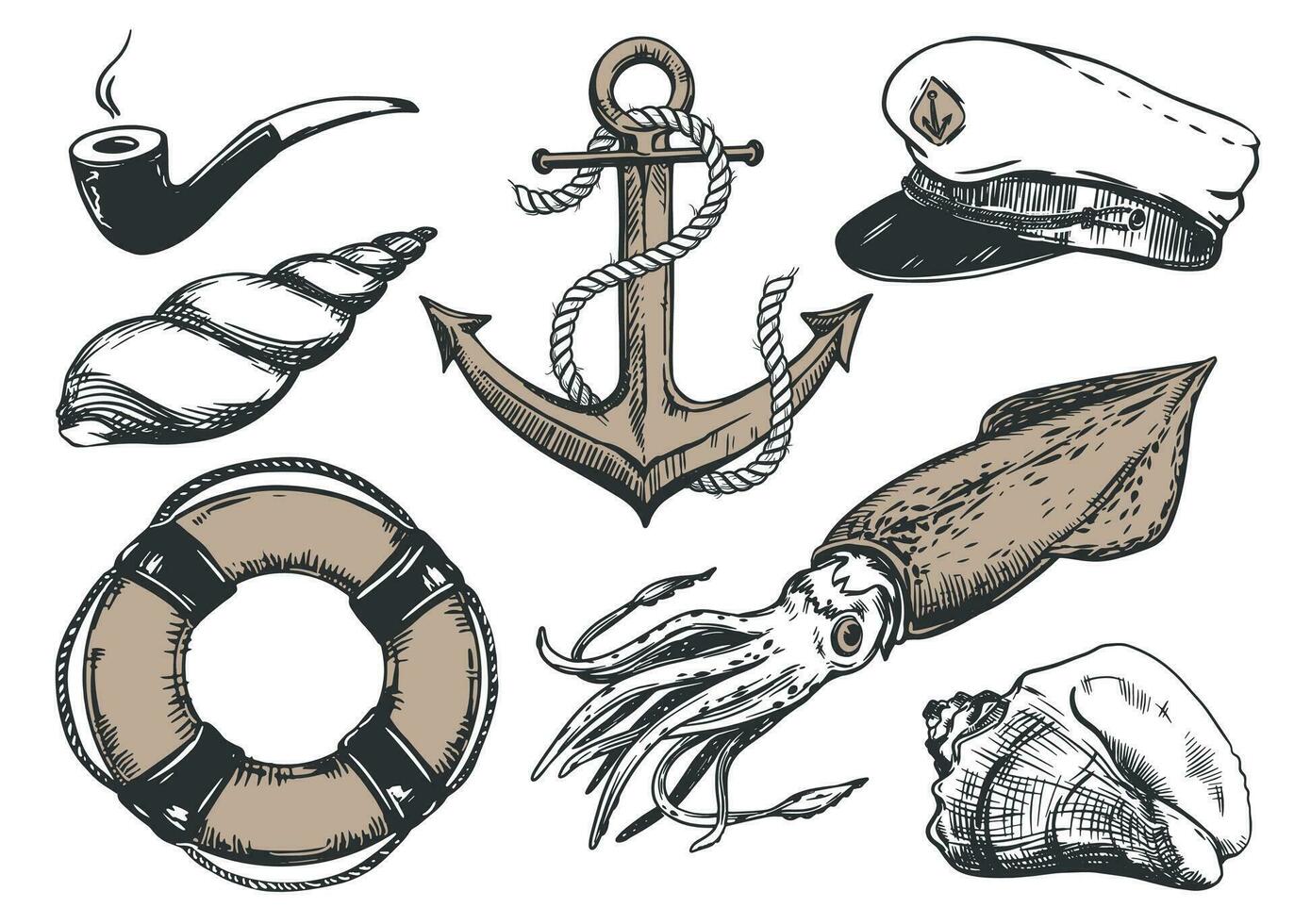 Elements of the life of a sea fisherman. Anchor with a rope, captain's cap, smoking pipe, life buoy, squid, sea clams. Vector illustration in vintage style, engraving effect.