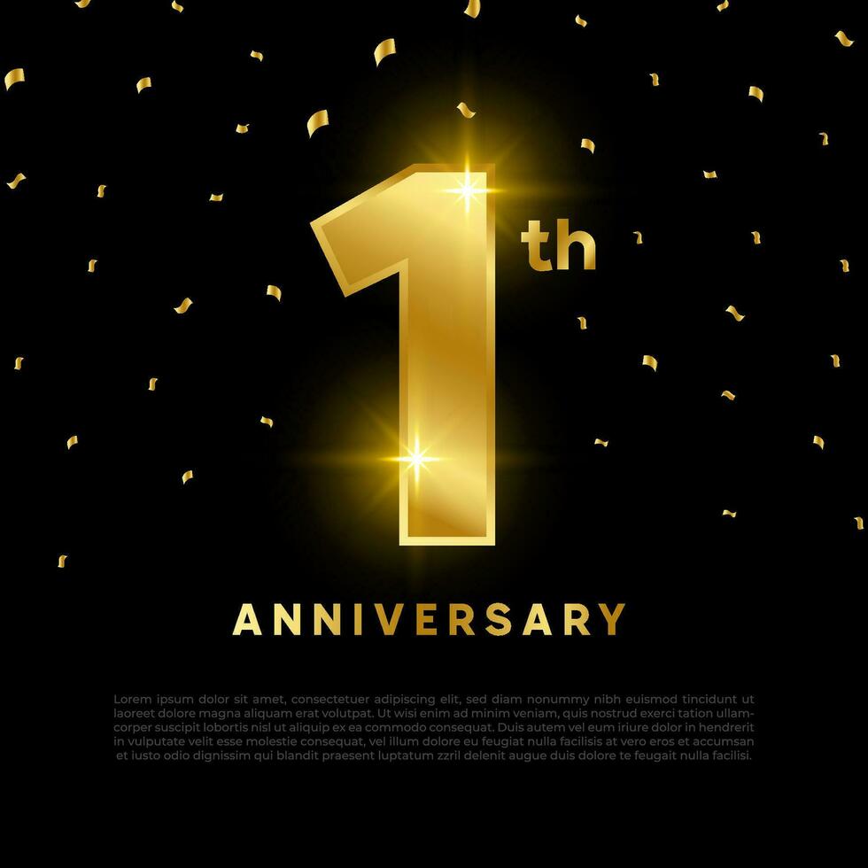 1º aniversario celebracion con oro Brillantina color y negro antecedentes. vector diseño para celebraciones, invitación tarjetas y saludo tarjetas