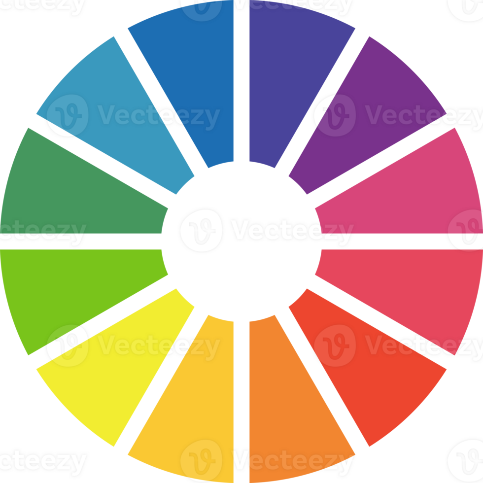 Color palette template for art school. Multicolored wheel. Infographic element round shape. Color circle guide. Pie chart diagram. Color theory. Twelve part color system. Coaching tool. png