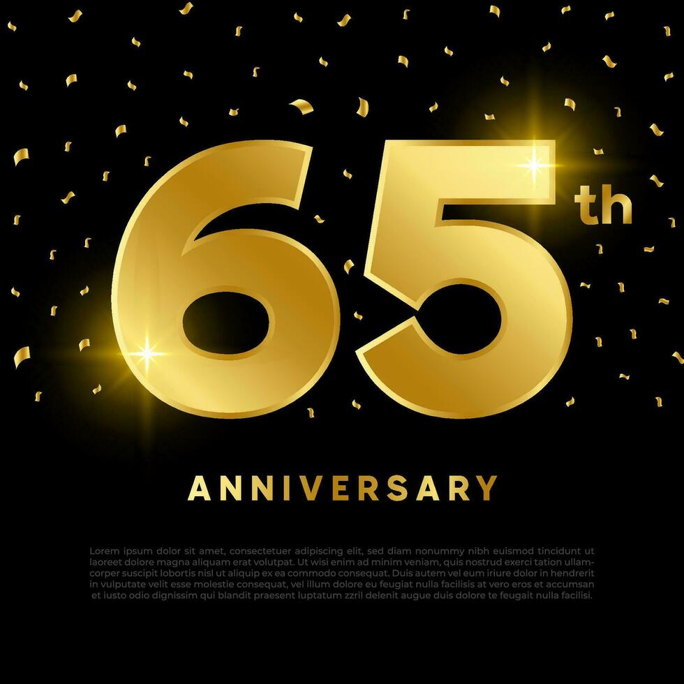 65th anniversary celebration with gold glitter color and black background. Vector design for celebrations, invitation cards and greeting cards.