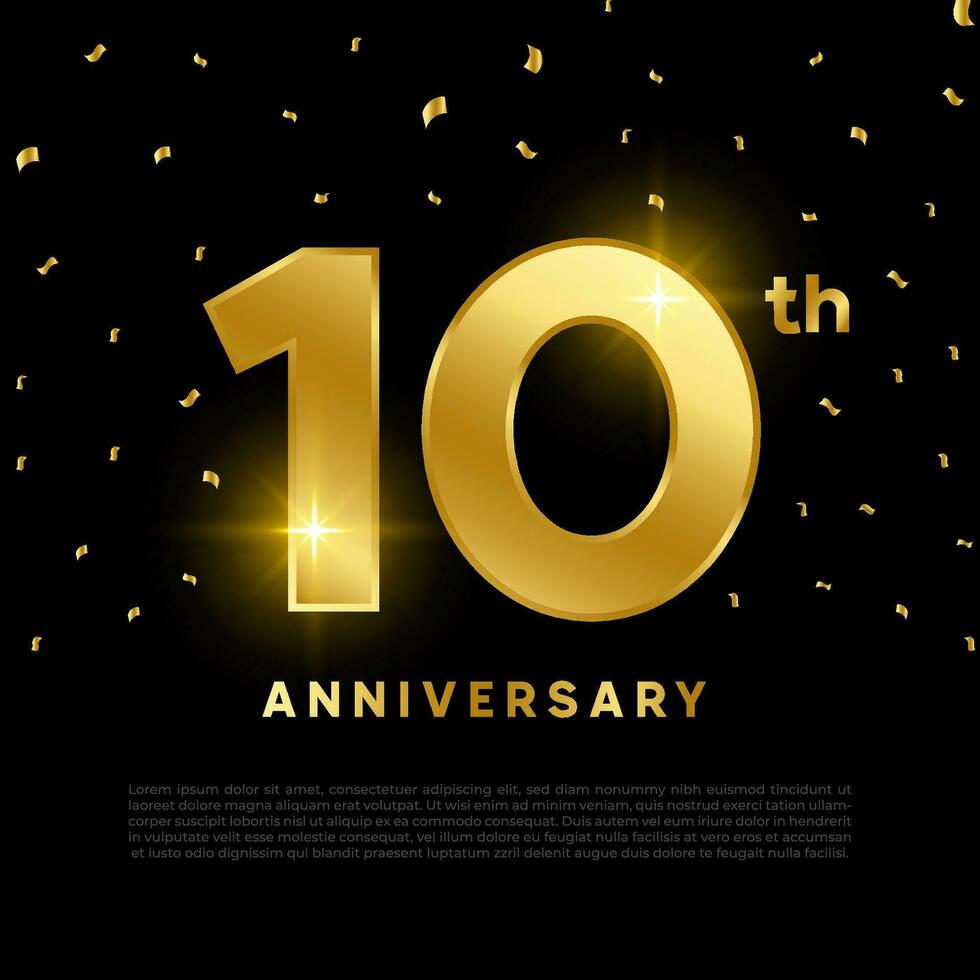 10th anniversary celebration with gold glitter color and black background. Vector design for celebrations, invitation cards and greeting cards.