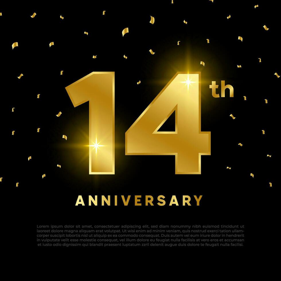 14th anniversary celebration with gold glitter color and black background. Vector design for celebrations, invitation cards and greeting cards.