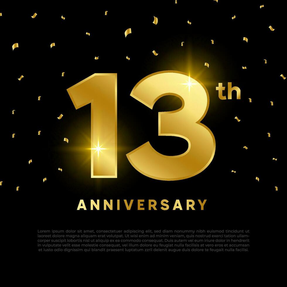 13th anniversary celebration with gold glitter color and black background. Vector design for celebrations, invitation cards and greeting cards.