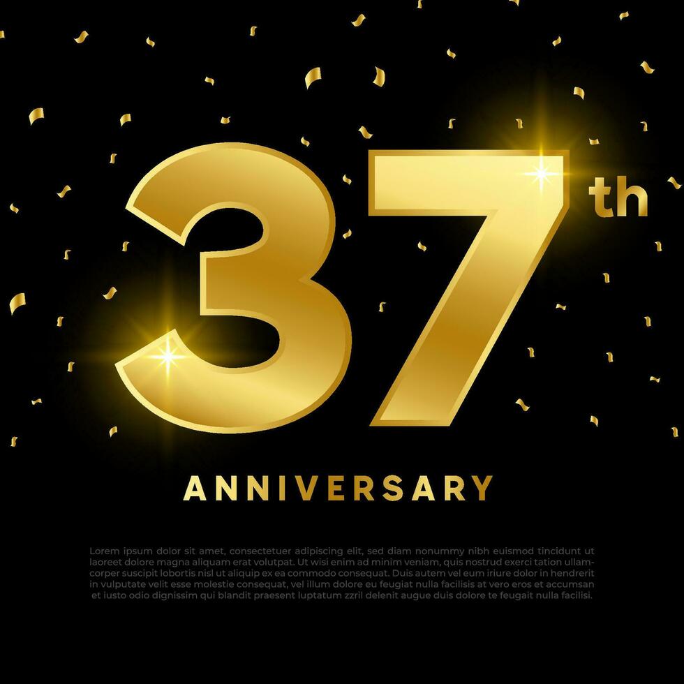 37th anniversary celebration with gold glitter color and black background. Vector design for celebrations, invitation cards and greeting cards.