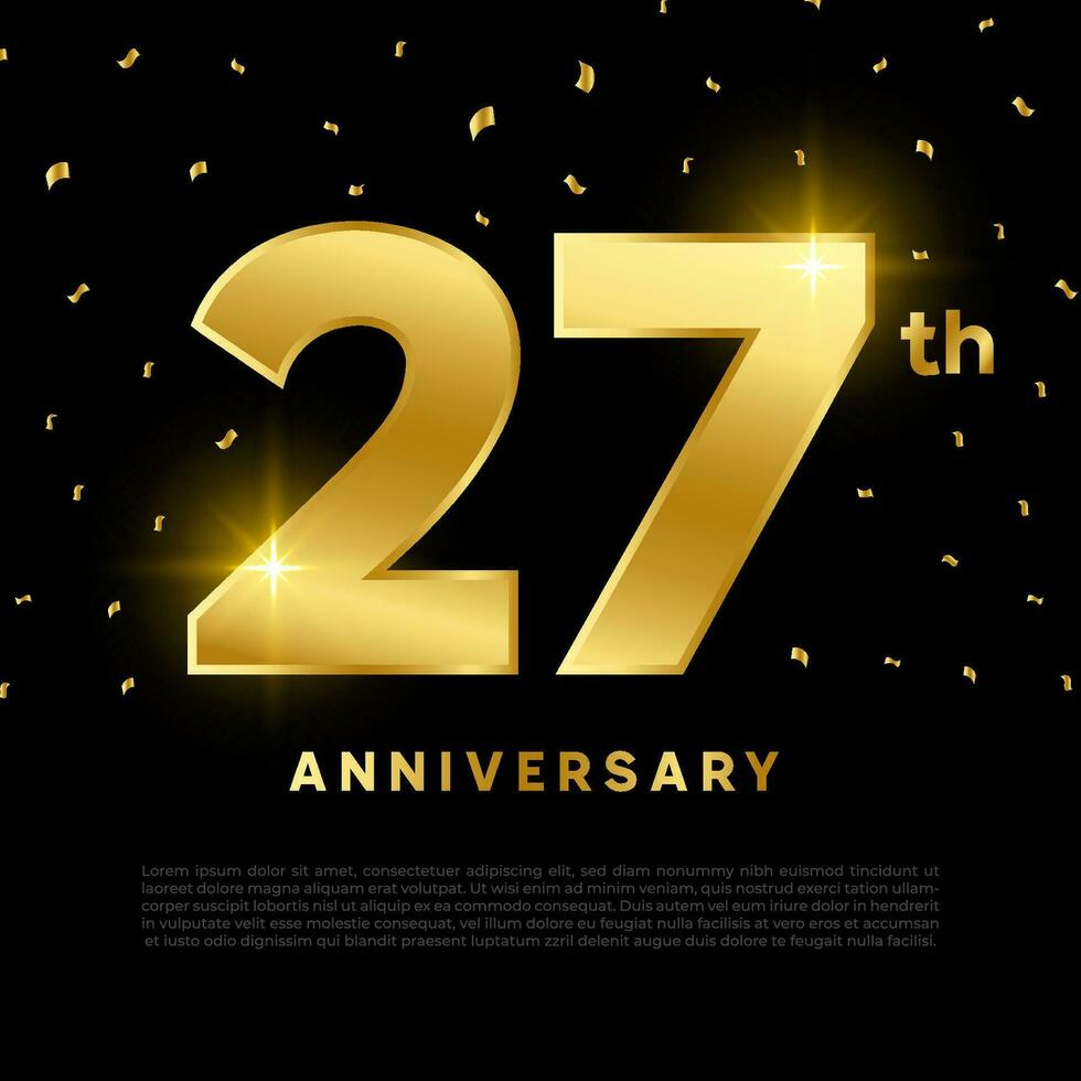 27th anniversary celebration with gold glitter color and black background. Vector design for celebrations, invitation cards and greeting cards.