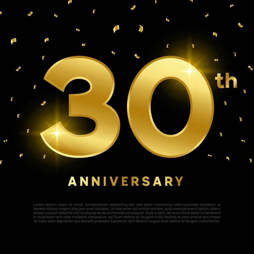 30th anniversary celebration with gold glitter color and black background. Vector design for celebrations, invitation cards and greeting cards.