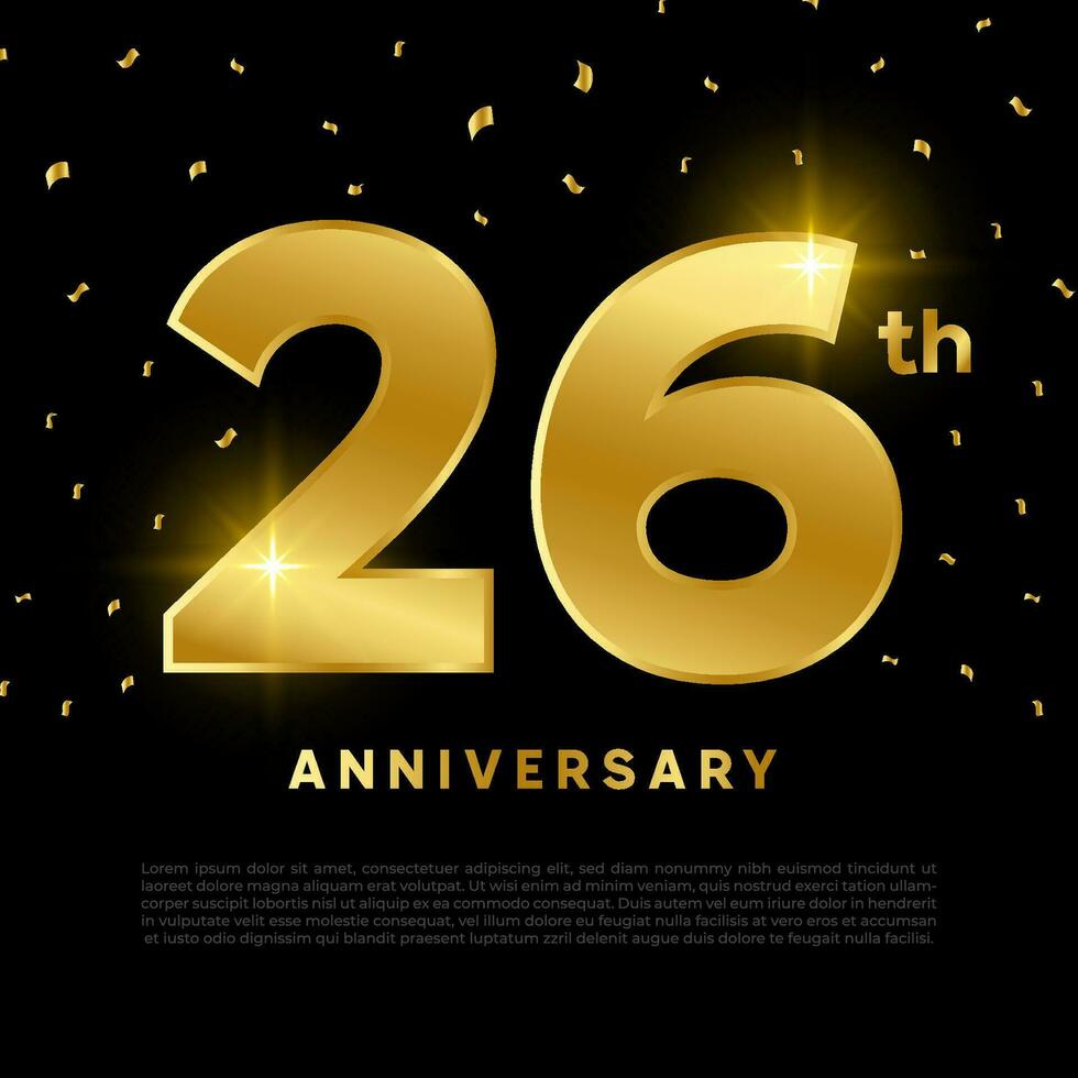 26th anniversary celebration with gold glitter color and black background. Vector design for celebrations, invitation cards and greeting cards.