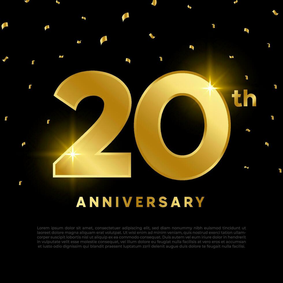 20th anniversary celebration with gold glitter color and black background. Vector design for celebrations, invitation cards and greeting cards.